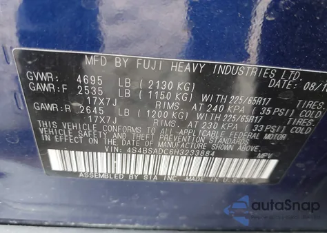 2017 Subaru Outback 2.5I Premium из США, поврежденный, VIN 4S4BSADC6H3233884